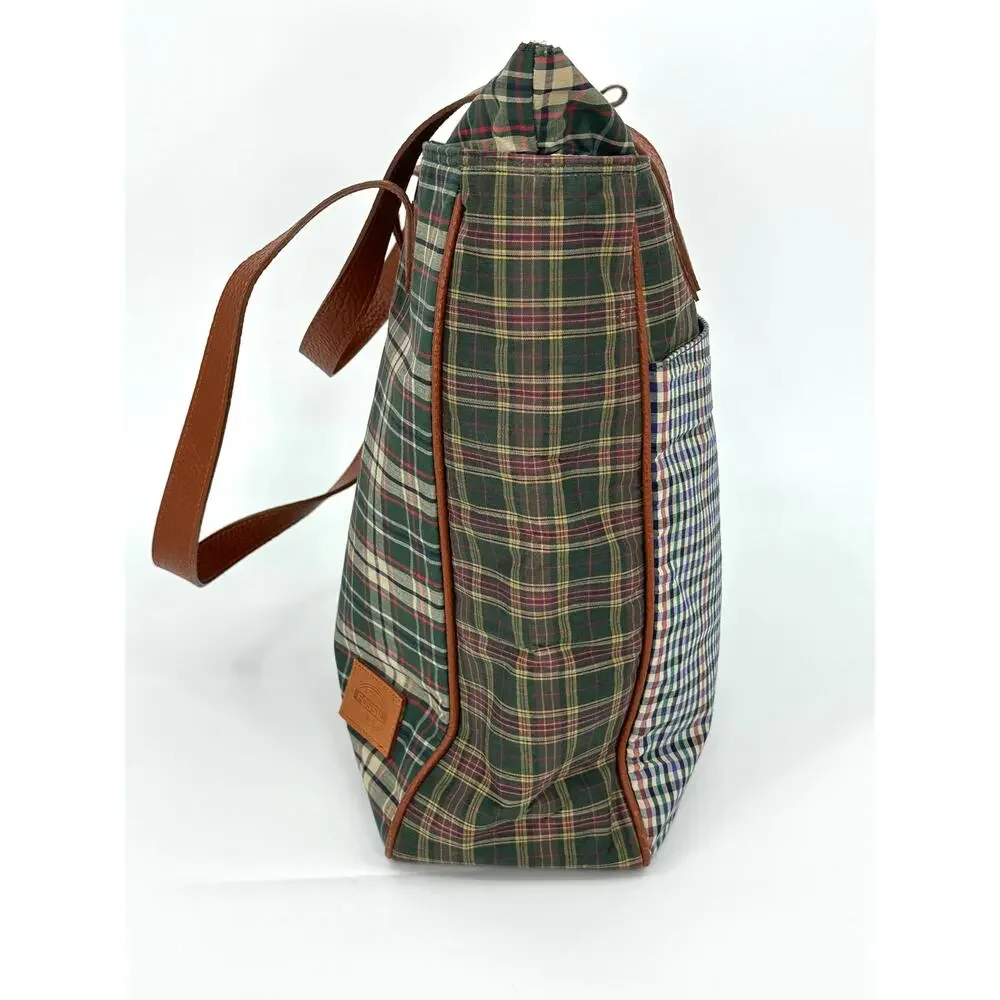Vintage Fossil Canvas Tote Mixed Plaid Cognac Leather Trim Y2K Zip Top